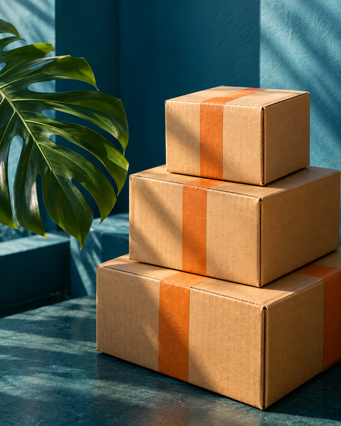 Cardboard packages with orange tape beside a tropical leaf
